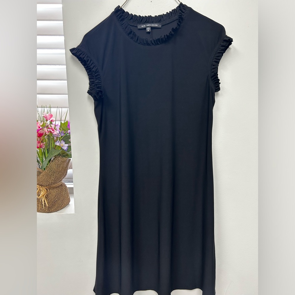 Black Sheath Dress with Flutter Sleeves and Mock Neck